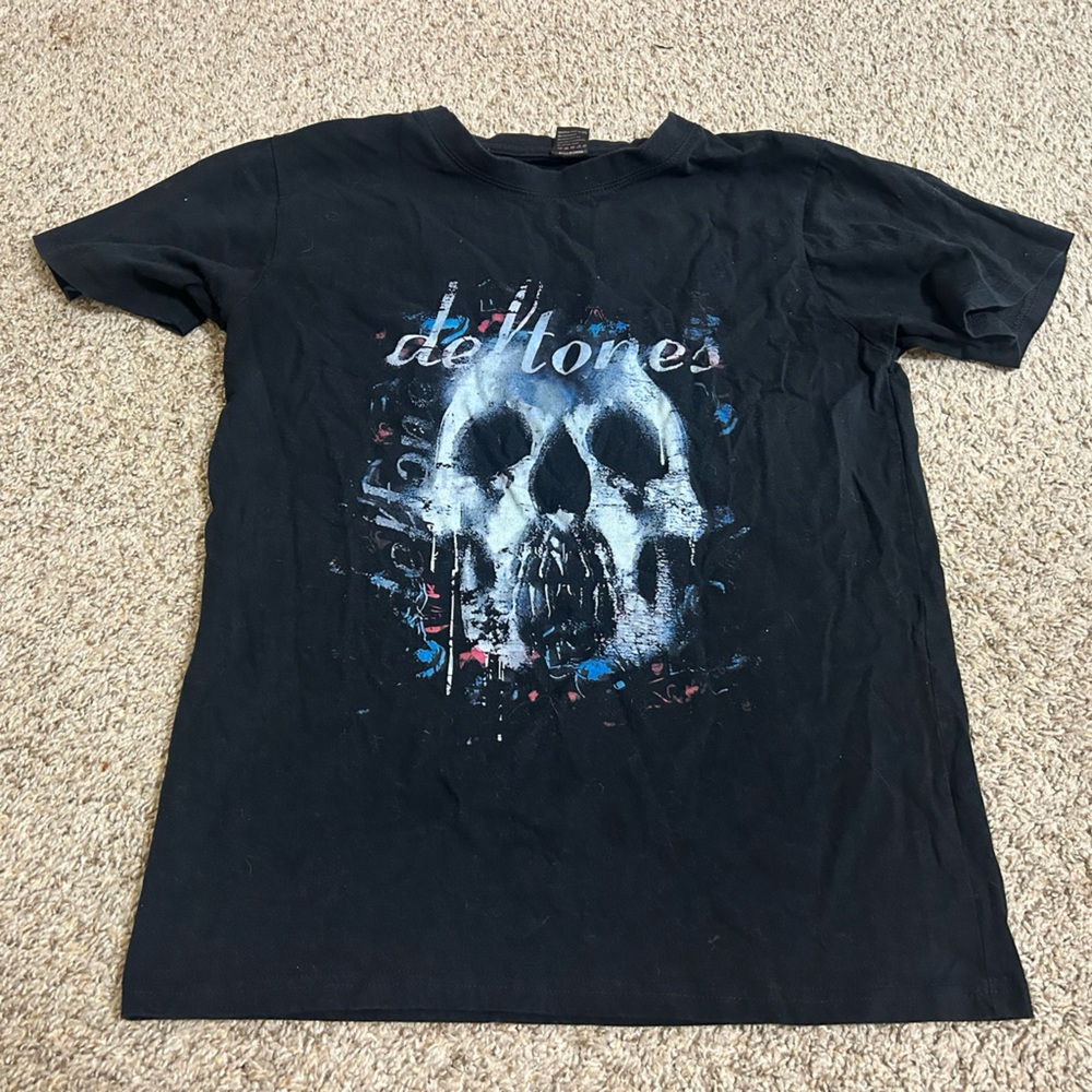 Deftones Band Black Graphic Skull Tee Blue White Accents Size Medium Unisex M